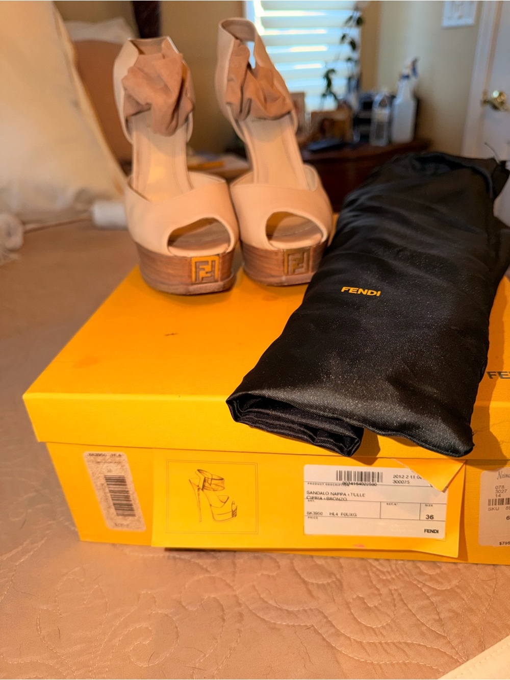 Fendi Beige and Natural Wood Platform Sandals
